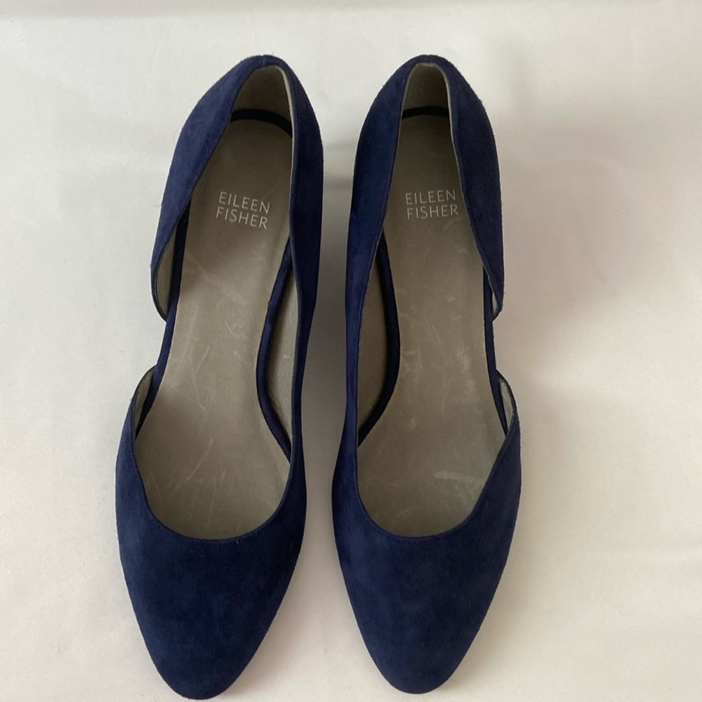EUC. Eileen Fisher half d’Orsay blue suede shoes size 10. No box.